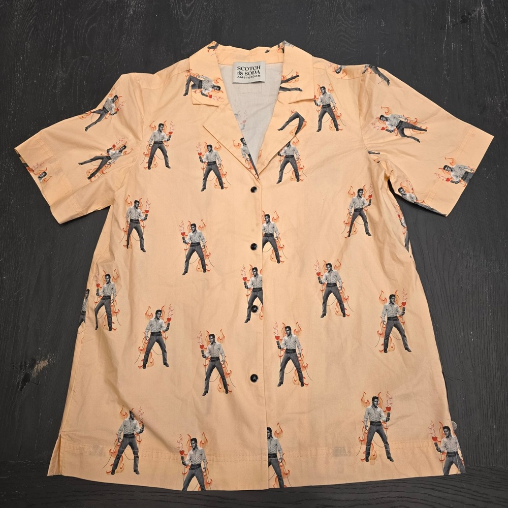 Scotch & Soda Elvis Presley Flame Print Button Down Shirt Peach Mens Small S - Picture 2 of 7